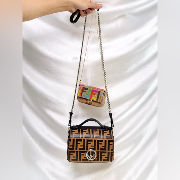 Fendi Kuban Canvas FF Embroidered Nano Baguette Bag Charm Grezzo Multicolor - Picture 4 of 17